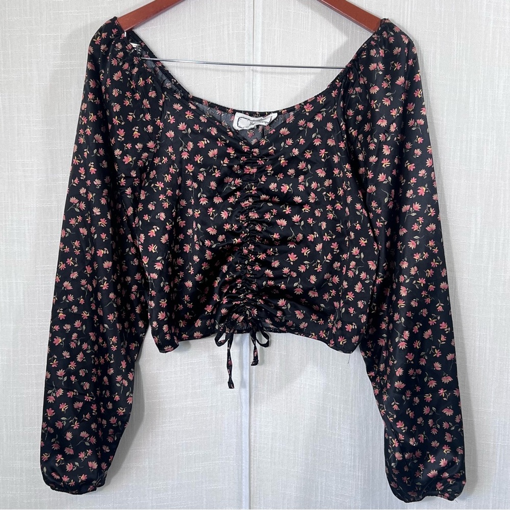 Hippie Rose Satin Black‎ Pink Floral Boho Crop Tie Cinch Blouse Top Size M
